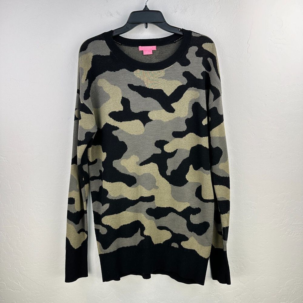 Isaac Mizrahi Sweater Womens Large Black Green Camouflage Long‎ Sleeve Stretch